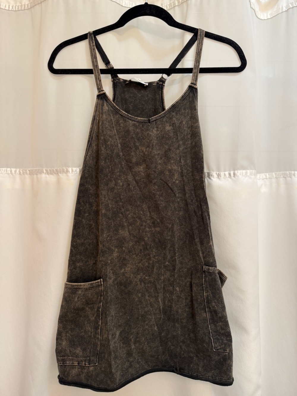 Washed Black Mini Pinafore Dress with Patch Pockets